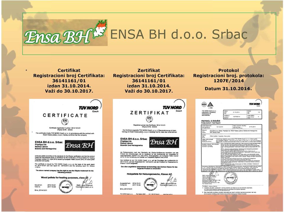 Zertifikat RegistracionibrojCertifikata: 36141161/01 izdan 31.