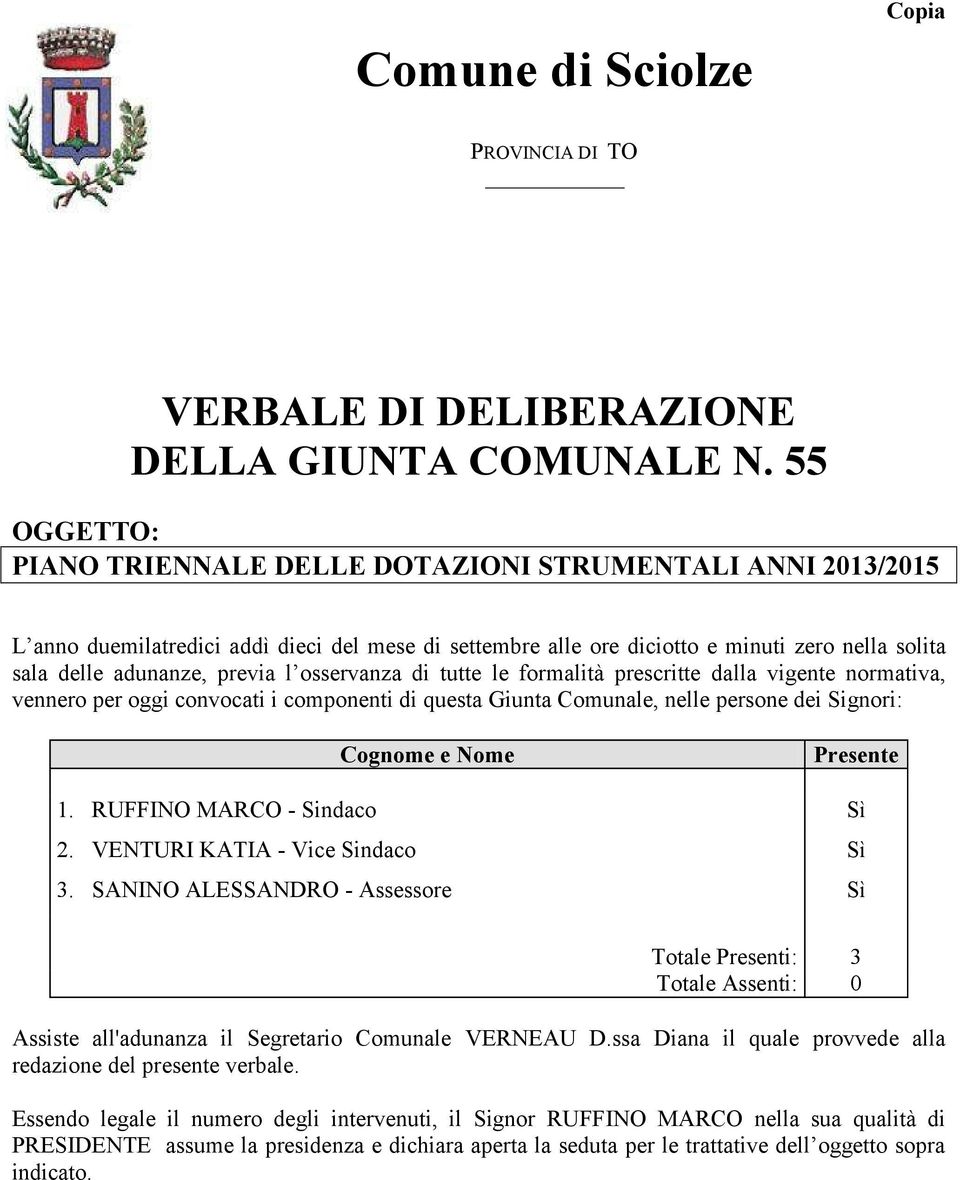 l osservanza di tutte le formalità prescritte dalla vigente normativa, vennero per oggi convocati i componenti di questa Giunta Comunale, nelle persone dei Signori: Cognome e Nome Presente 1.