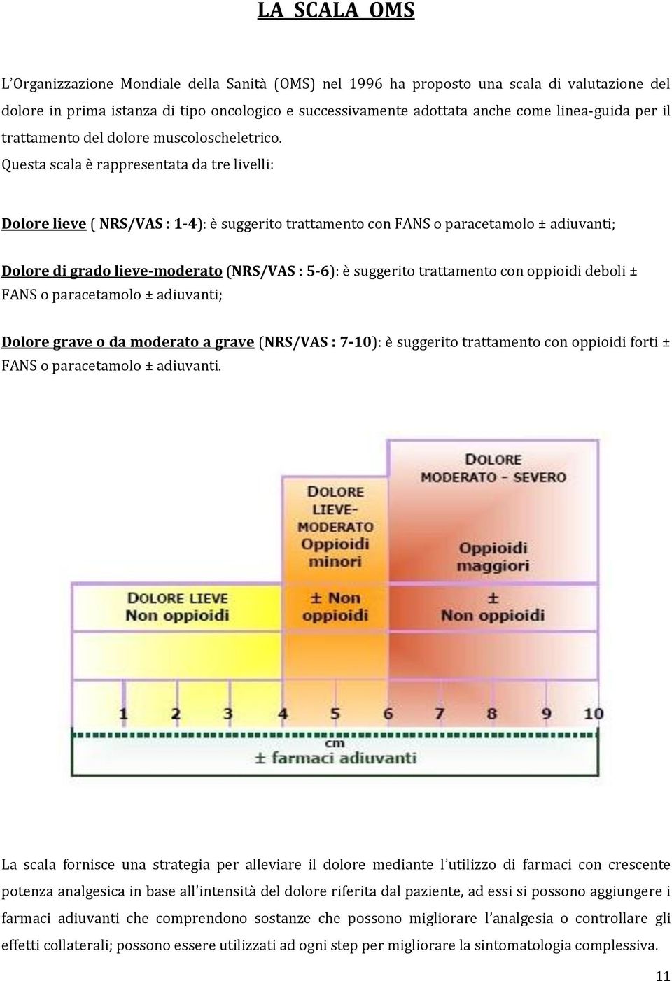 Questa scala è rappresentata da tre livelli: Dolore lieve ( NRS/VAS : 1-4): è suggerito trattamento con FANS o paracetamolo ± adiuvanti; Dolore di grado lieve-moderato (NRS/VAS : 5-6): è suggerito