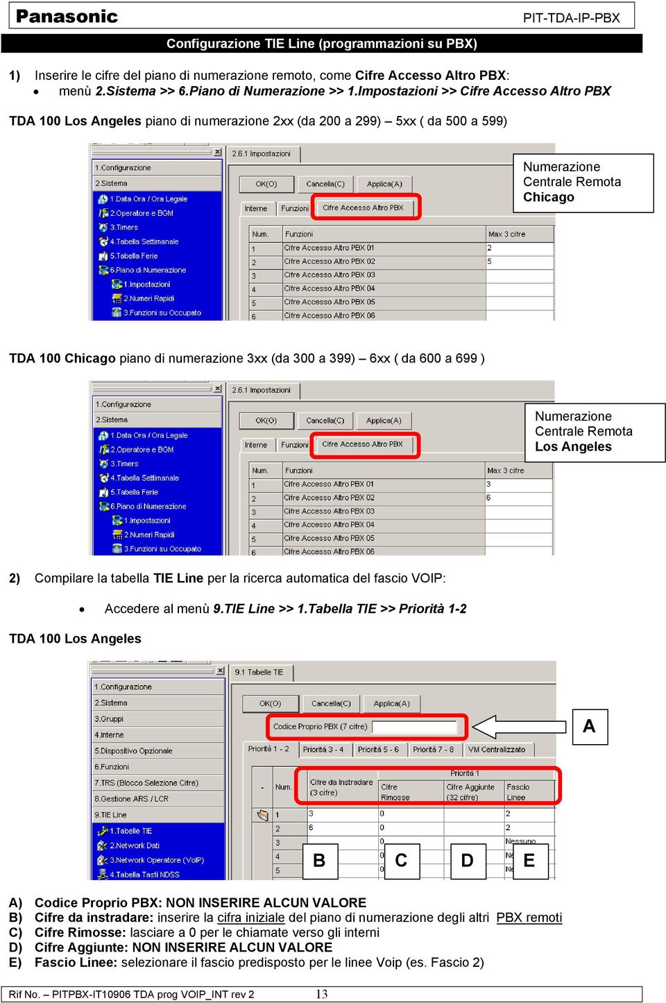 (da 300 a 399) 6xx ( da 600 a 699 ) Numerazione Centrale Remota Los Angeles 2) Compilare la tabella TIE Line per la ricerca automatica del fascio VOIP: TDA 100 Los Angeles Accedere al menù 9.