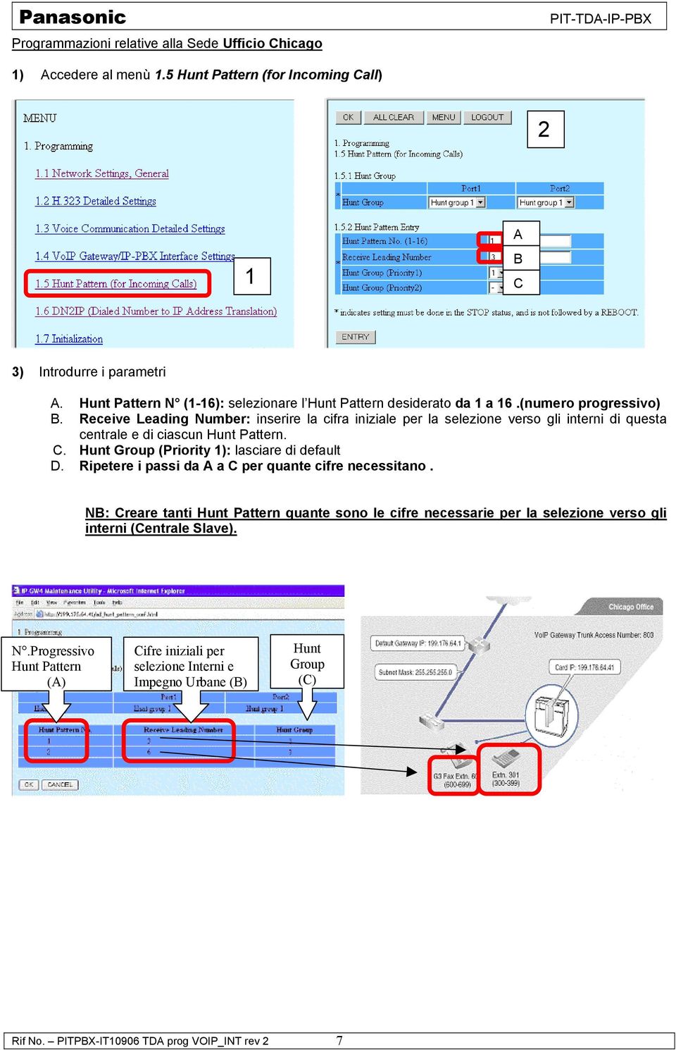 Receive Leading Number: inserire la cifra iniziale per la selezione verso gli interni di questa centrale e di ciascun Hunt Pattern. C. Hunt Group (Priority 1): lasciare di default D.