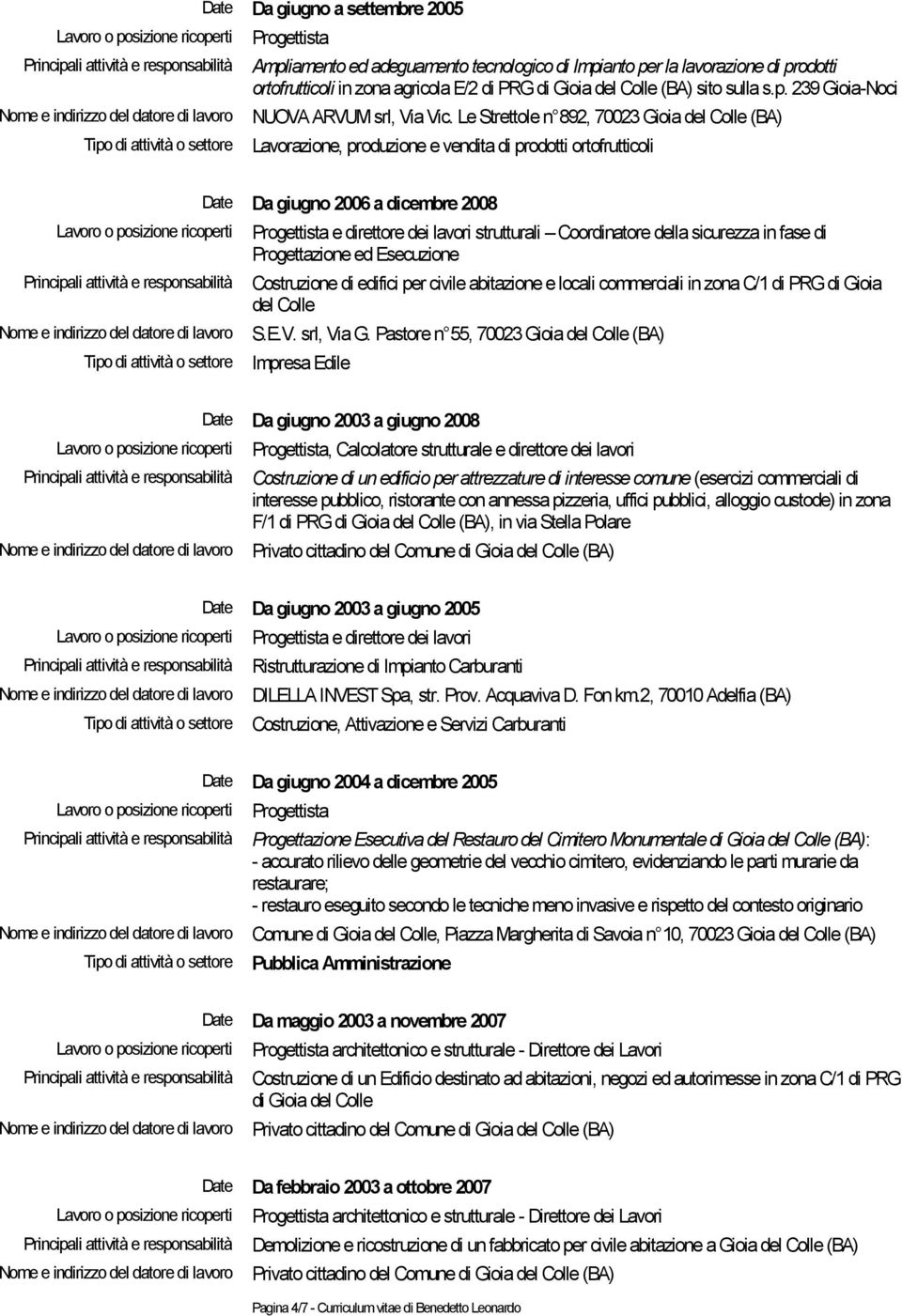 Progettazione ed Esecuzione Costruzione di edifici per civile abitazione e locali commerciali in zona C/1 di PRG di Gioia del Colle S.E.V. srl, Via G.