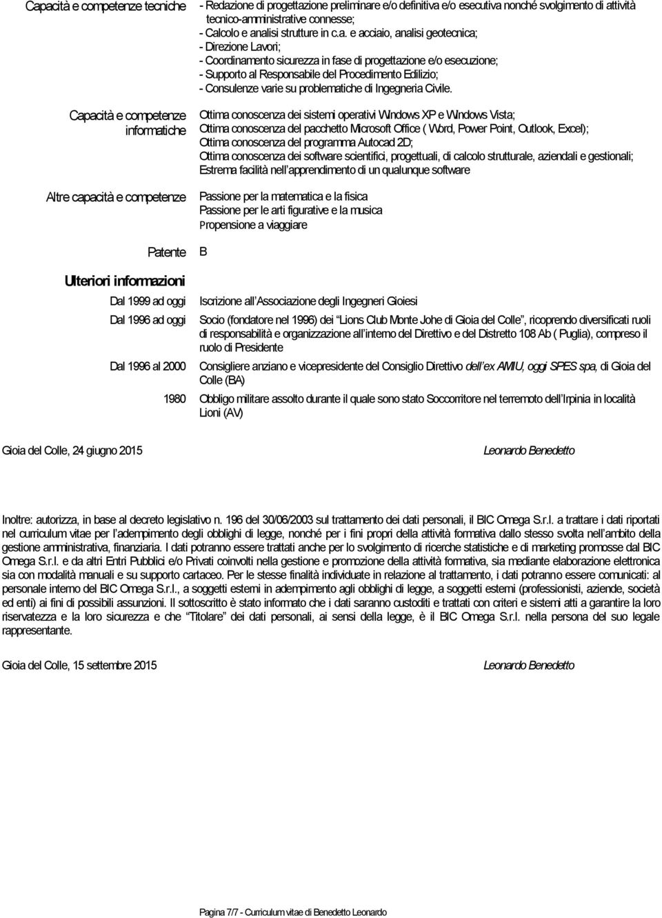 Supporto al Responsabile del Procedimento Edilizio; - Consulenze varie su problematiche di Ingegneria Civile.