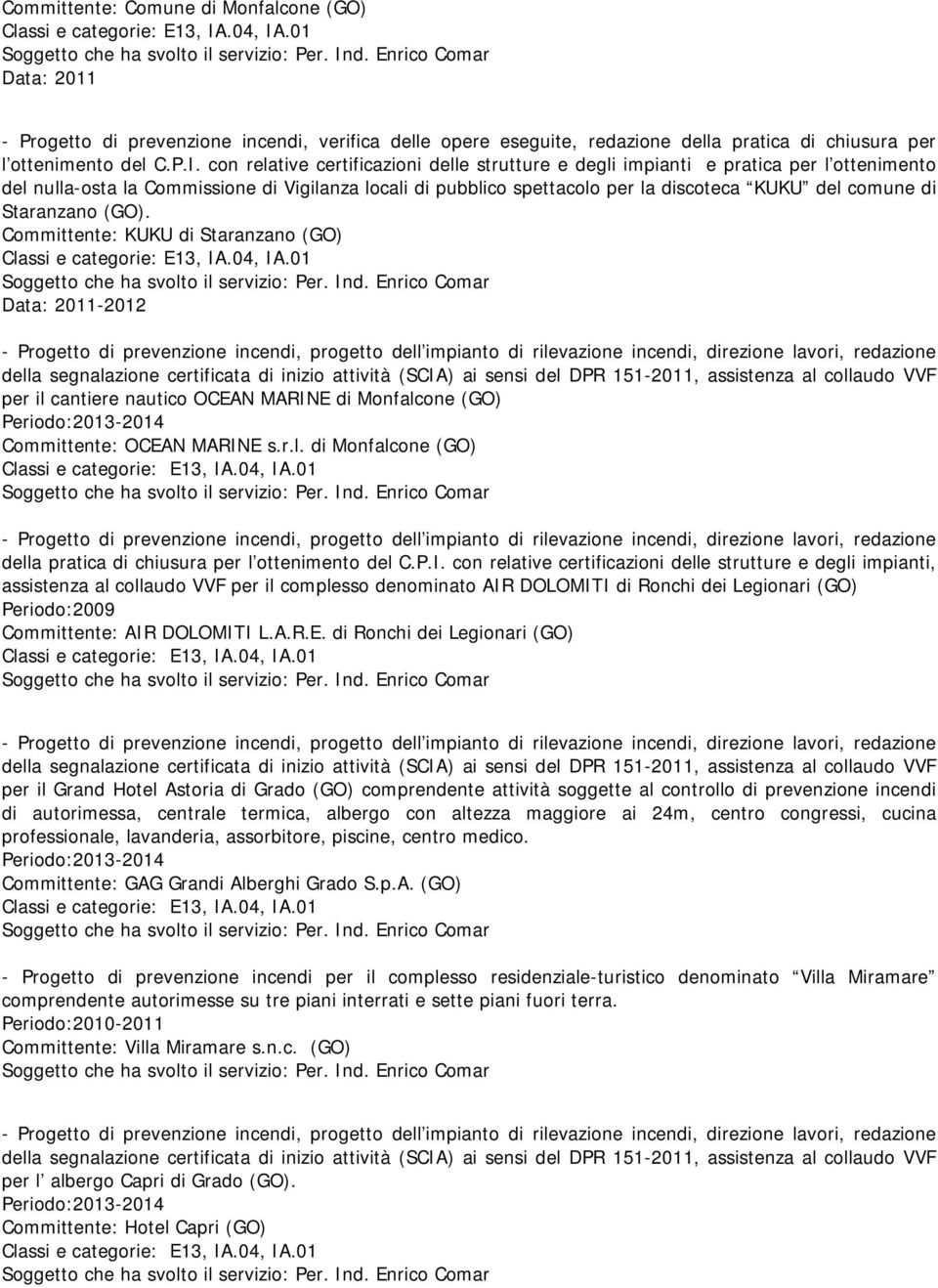 Staranzano (GO). Committente: KUKU di Staranzano (GO) Data: 2011-2012 per il cantiere nautico OCEAN MARINE di Monfalcone (GO) Periodo:2013-2014 Committente: OCEAN MARINE s.r.l. di Monfalcone (GO) della pratica di chiusura per l ottenimento del C.