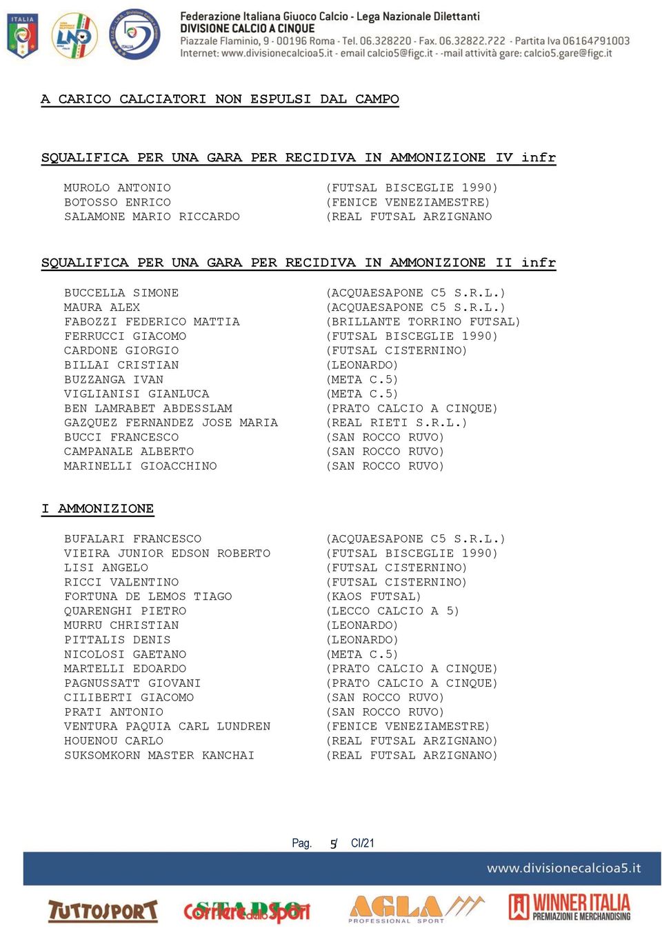 5) VIGLIANISI GIANLUCA (META C.5) BEN LAMRABET ABDESSLAM GAZQUEZ FERNANDEZ JOSE MARIA (REAL RIETI S.R.L.) BUCCI FRANCESCO CAMPANALE ALBERTO MARINELLI GIOACCHINO I AMMONIZIONE BUFALARI FRANCESCO (ACQUAESAPONE C5 S.