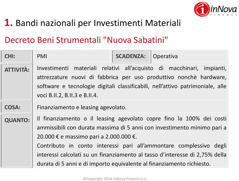 COSA: Finanziamento e leasing agevolato. QUANTO: Il finanziamento o il leasing agevolato copre fino la 100% dei costi ammissibili con durata massima di 5 anni con investimento minimo pari a 20.