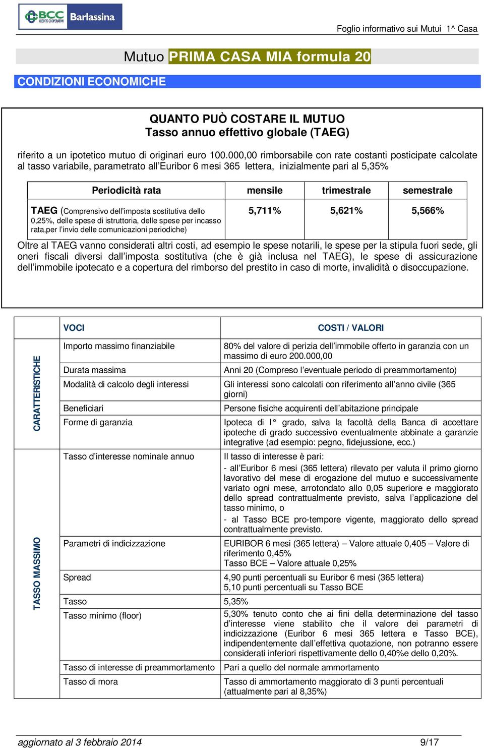 000,00 rimborsabile con rate costanti posticipate calcolate al tasso variabile, parametrato all Euribor 6 mesi 365 lettera, inizialmente pari al 5,35% Periodicità rata mensile trimestrale semestrale