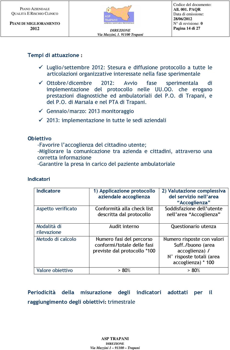 Gennaio/marzo: 2013 monitoraggio 2013: implementazione in tutte le sedi aziendali Obiettivo -Favorire l accoglienza del cittadino utente; -Migliorare la comunicazione tra azienda e cittadini,