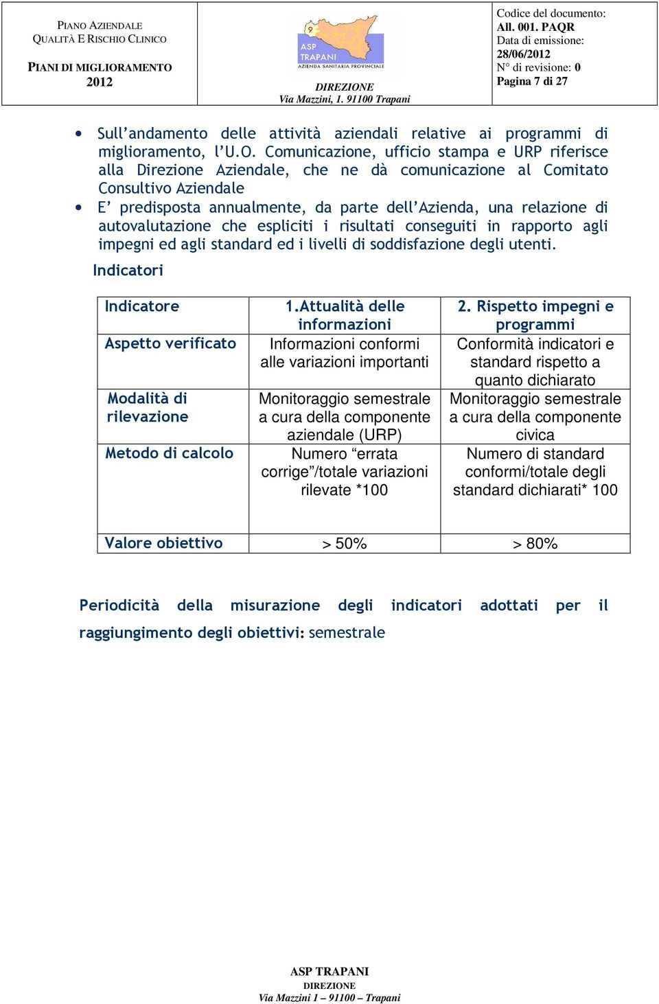 autovalutazione che espliciti i risultati conseguiti in rapporto agli impegni ed agli standard ed i livelli di soddisfazione degli utenti.