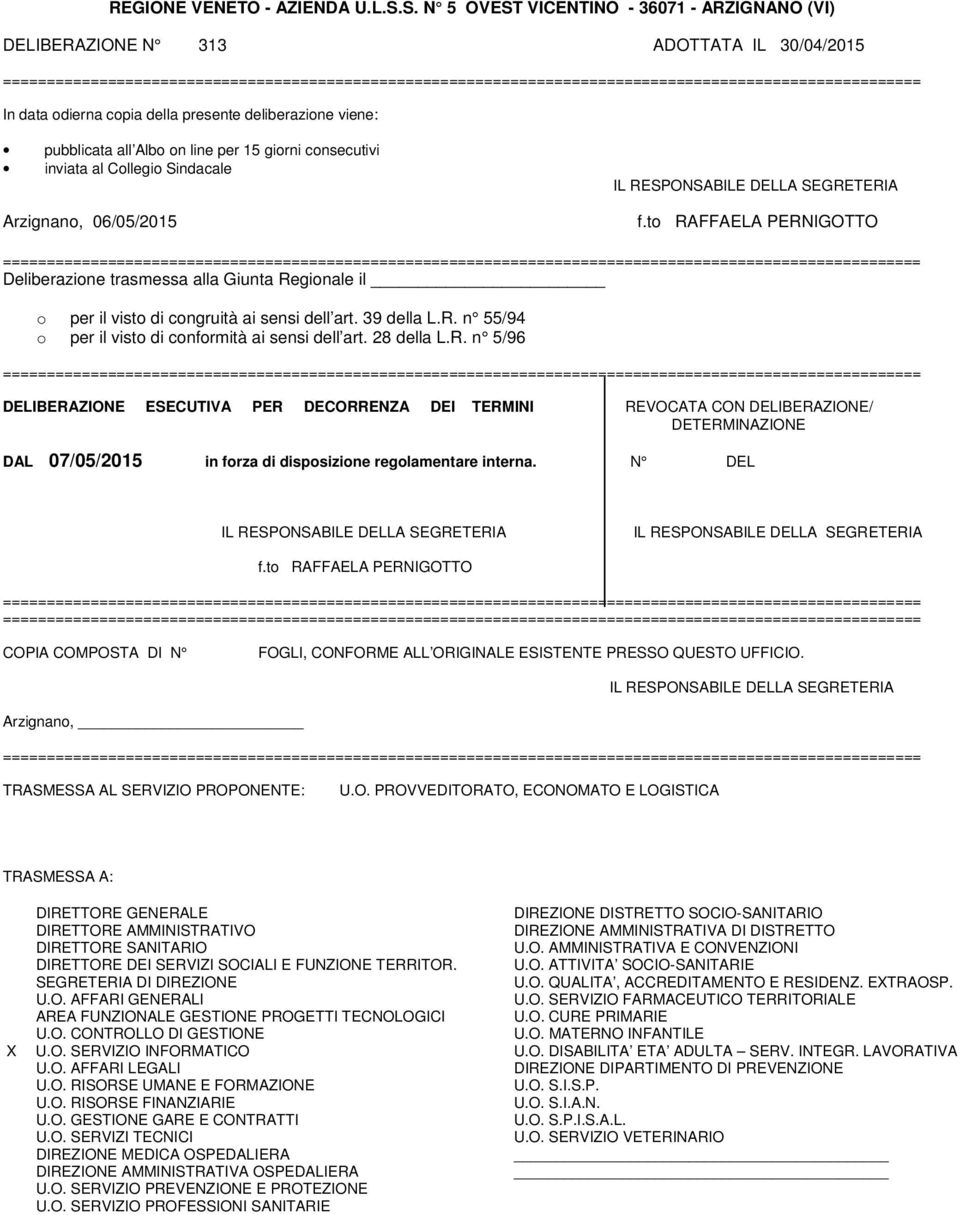 consecutivi inviata al Collegio Sindacale Arzignano, 06/05/2015 f.to RAFFAELA PERNIGOTTO Deliberazione trasmessa alla Giunta Regionale il o per il visto di congruità ai sensi dell art. 39 della L.R. n 55/94 o per il visto di conformità ai sensi dell art.