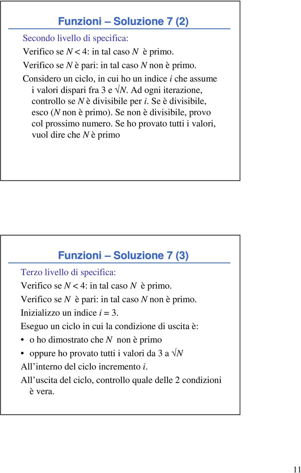 Se non è divisibile, provo col prossimo numero. Se ho provato tutti i valori, vuol dire che N è primo Funzioni Soluzione 7 (3) Terzo livello di specifica: Verifico se N < 4: in tal caso N è primo.