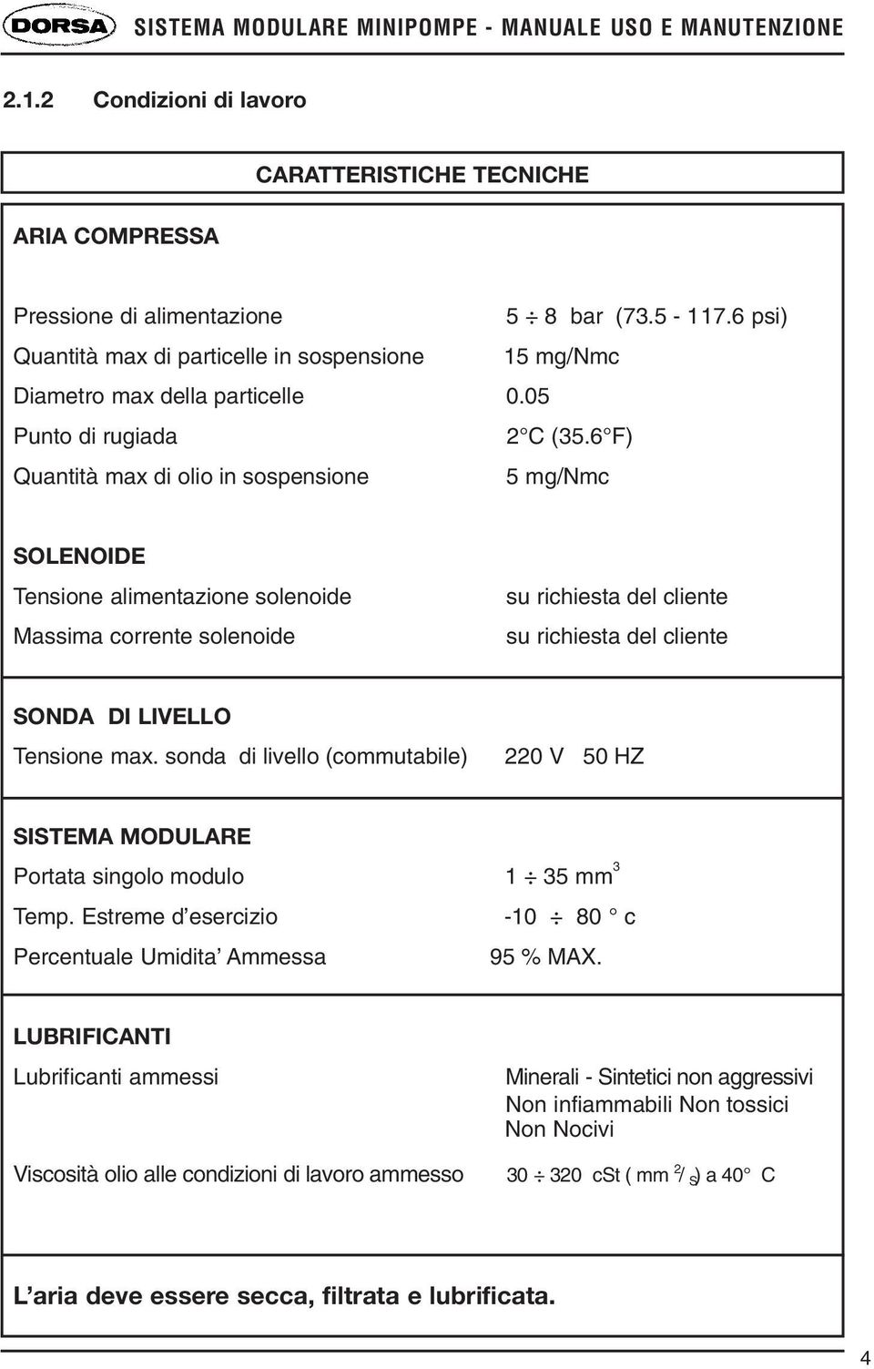 6 F) Quantità max di olio in sospensione 5 mg/nmc SOLENOIDE Tensione alimentazione solenoide Massima corrente solenoide su richiesta del cliente su richiesta del cliente SONDA DI LIVELLO Tensione max.