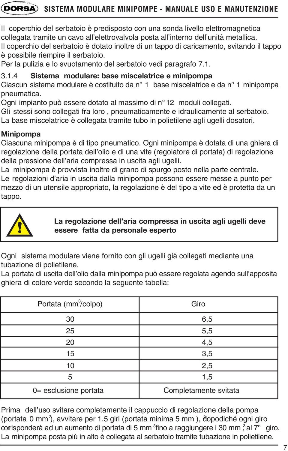 3.1.4 Sistema modulare: base miscelatrice e minipompa Ciascun sistema modulare è costituito da n 1 base miscelatrice e da n 1 minipompa pneumatica.