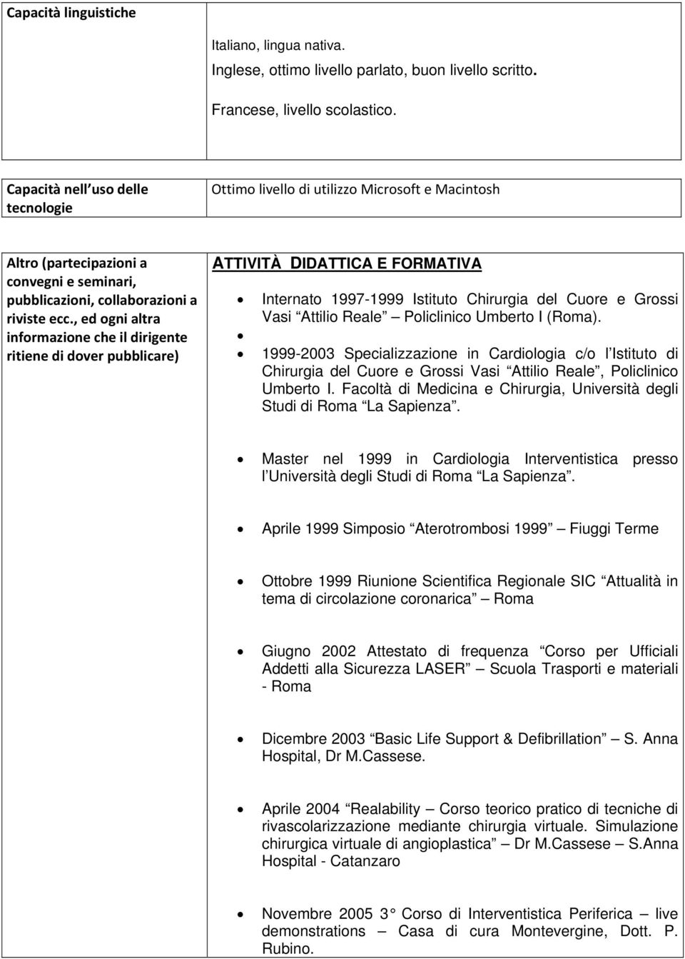 , ed ogni altra informazione che il dirigente ritiene di dover pubblicare) ATTIVITÀ DIDATTICA E FORMATIVA Internato 1997-1999 Istituto Chirurgia del Cuore e Grossi Vasi Attilio Reale Policlinico