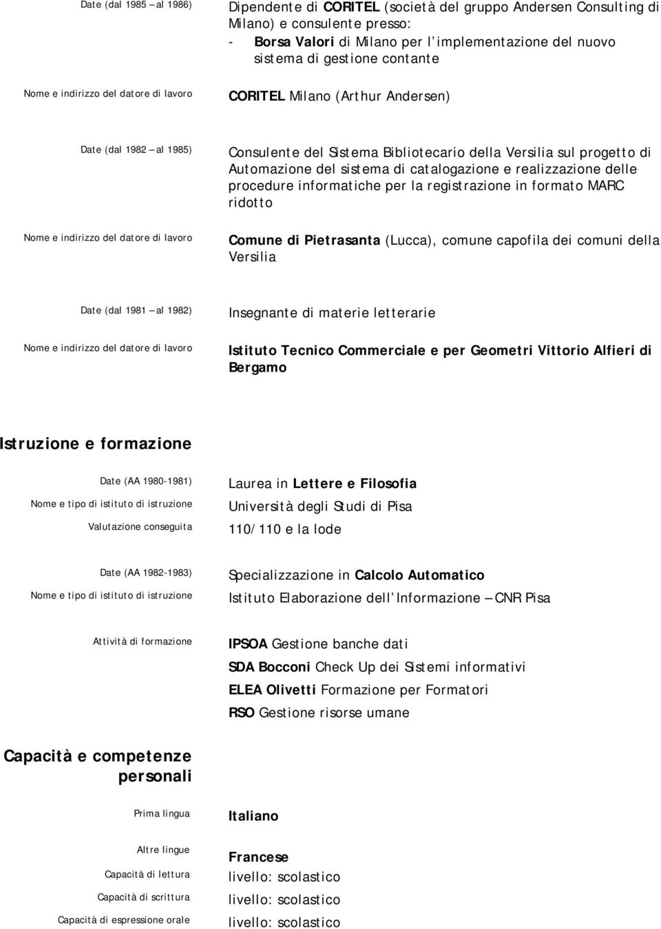 procedure informatiche per la registrazione in formato MARC ridotto Comune di Pietrasanta (Lucca), comune capofila dei comuni della Versilia Date (dal 1981 al 1982) Insegnante di materie letterarie