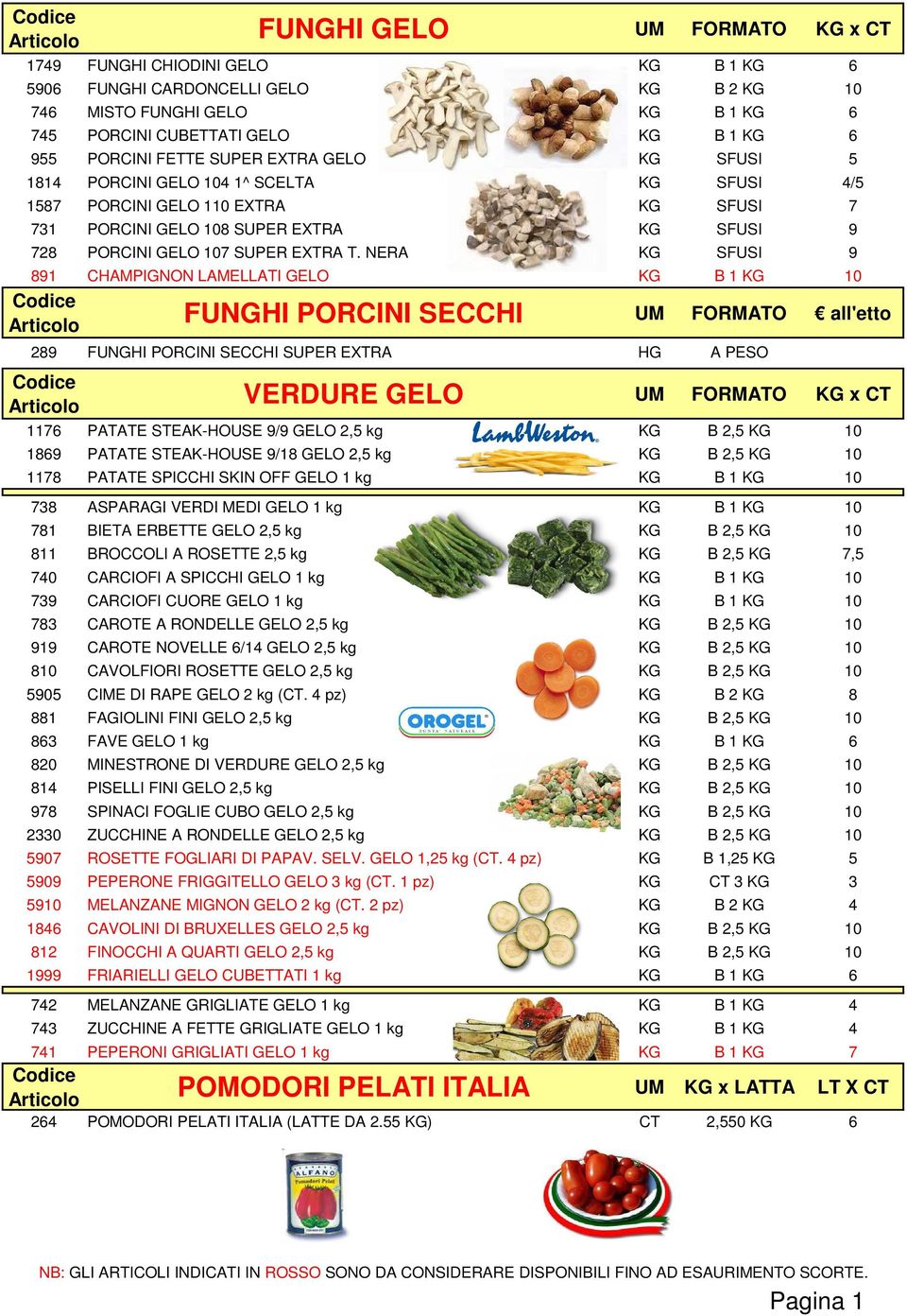 NERA KG SFUSI 9 891 CHAMPIGNON LAMELLATI GELO KG B 1 KG 10 FUNGHI PORCINI SECCHI UM FORMATO all'etto 289 FUNGHI PORCINI SECCHI SUPER EXTRA HG A PESO VERDURE GELO UM FORMATO KG x CT 1176 PATATE