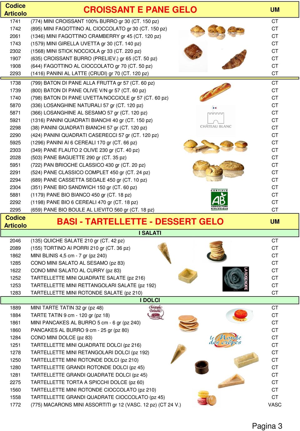 50 pz) CT 1908 (644) FAGOTTINO AL CIOCCOLATO gr 70 (CT. 50 pz) CT 2293 (1416) PANINI AL LATTE (CRUDI) gr 70 (CT. 120 pz) CT 1738 (799) BATON DI PANE ALLA FRUTTA gr 57 (CT.