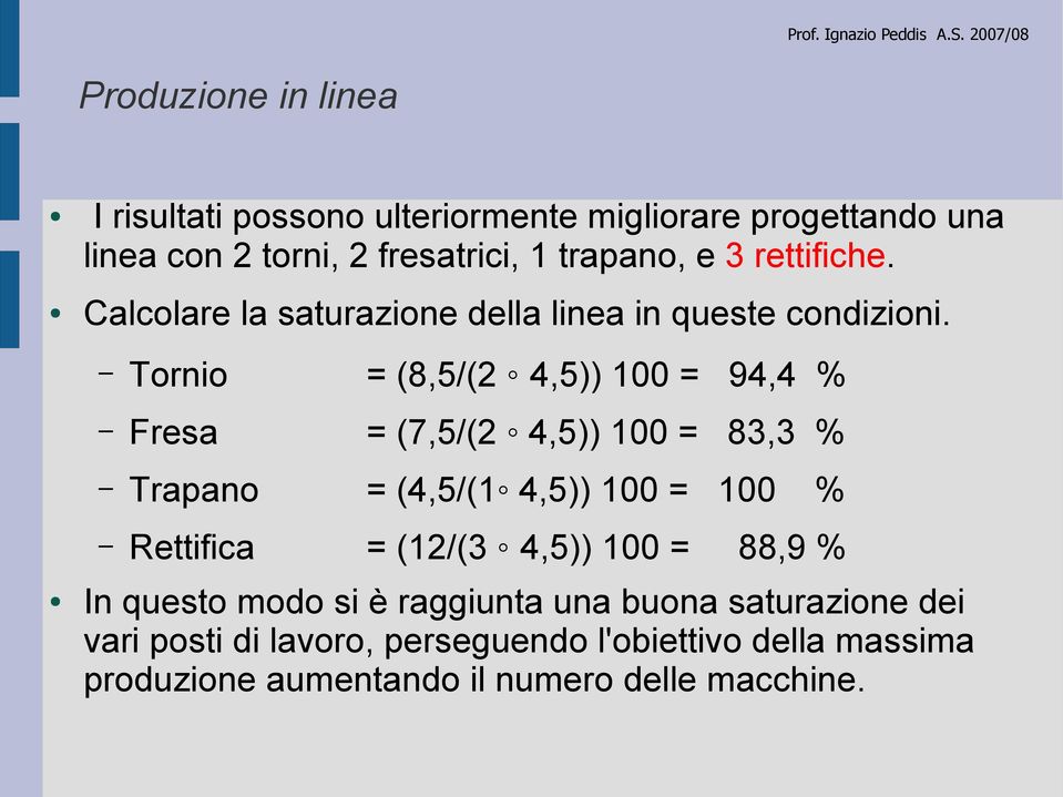 Tornio = (8,5/(2 4,5)) 100 = 94,4 % Fresa = (7,5/(2 4,5)) 100 = 83,3 % Trapano = (4,5/(1 4,5)) 100 = 100 Rettifica =