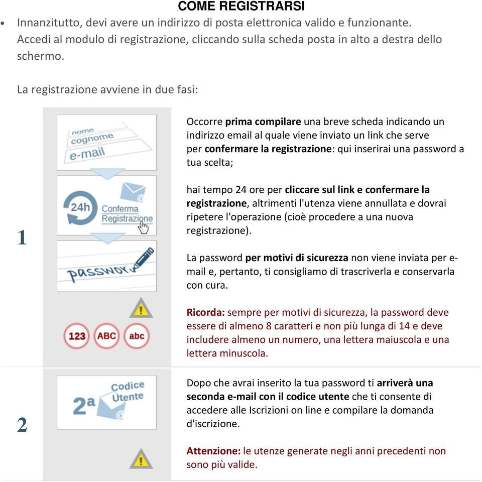 password a tua scelta; hai tempo ore per cliccare sul link e confermare la registrazione, altrimenti l'utenza viene annullata e dovrai ripetere l'operazione (cioè procedere a una nuova registrazione).