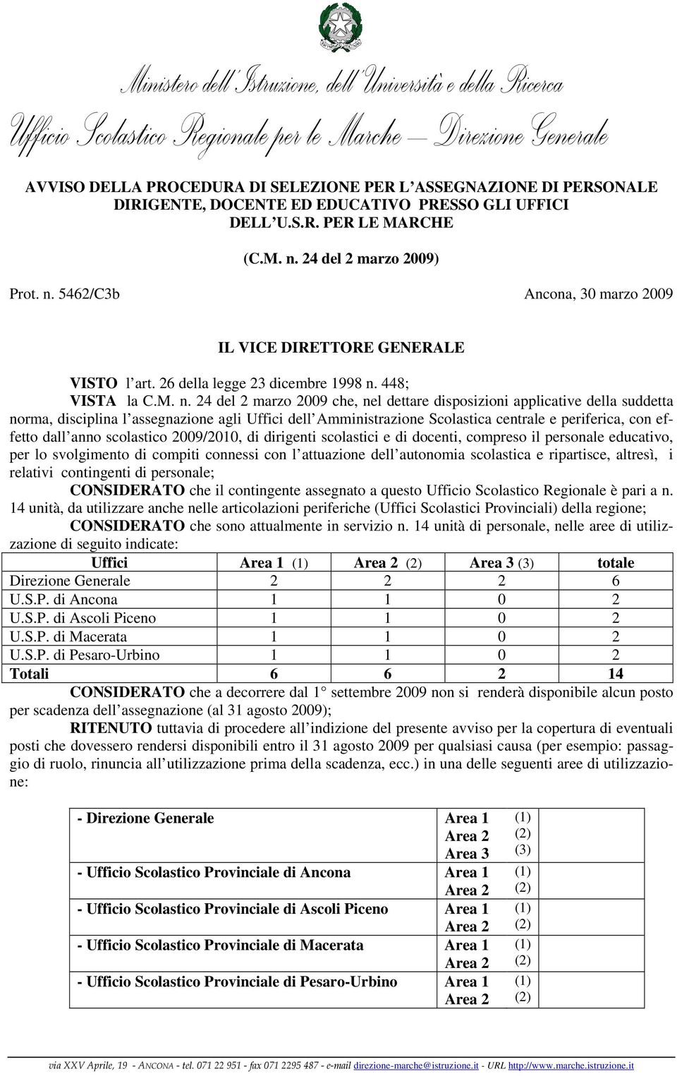 5462/C3b Ancona, 30 marzo 2009 IL VICE DIRETTORE GENERALE VISTO l art. 26 della legge 23 dicembre 1998 n.