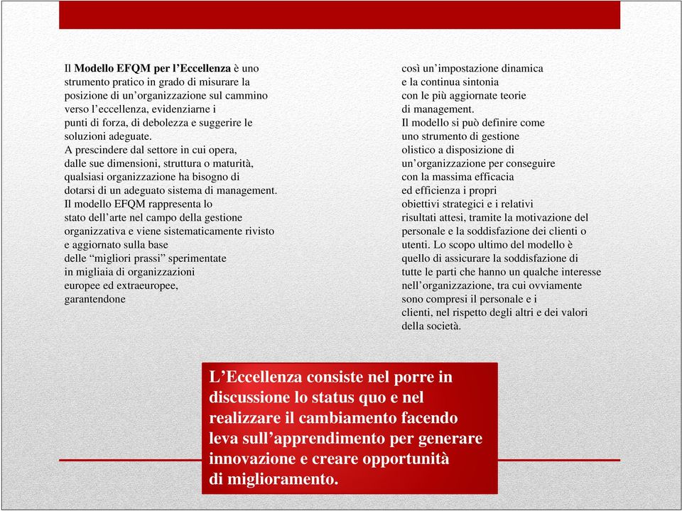 Il modello EFQM rappresenta lo stato dell arte nel campo della gestione organizzativa e viene sistematicamente rivisto e aggiornato sulla base delle migliori prassi sperimentate in migliaia di