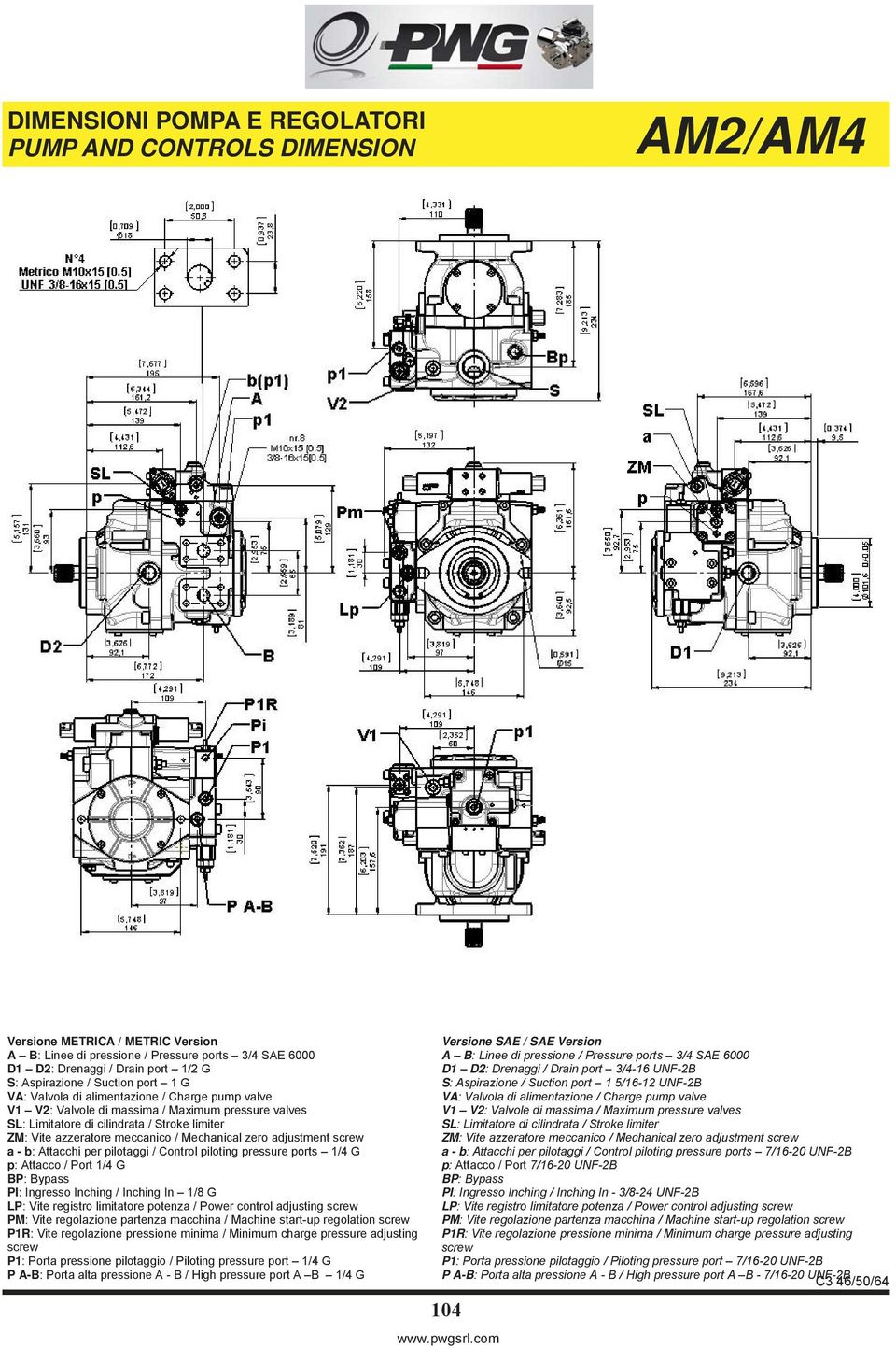 regolazione partenza macchina / Machine start-up regolation screw P1R: Vite regolazione pressione minima / Minimum charge pressure adjusting screw P1: Porta pressione pilotaggio / Piloting pressure