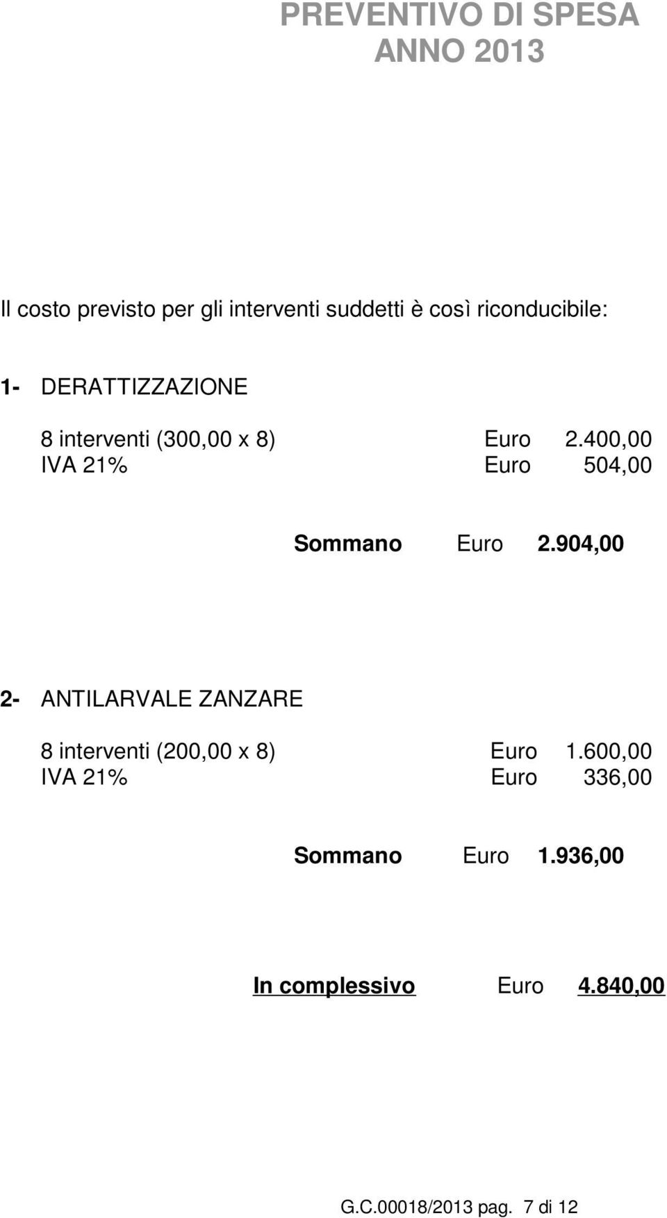 400,00 IVA 21% Euro 504,00 Sommano Euro 2.
