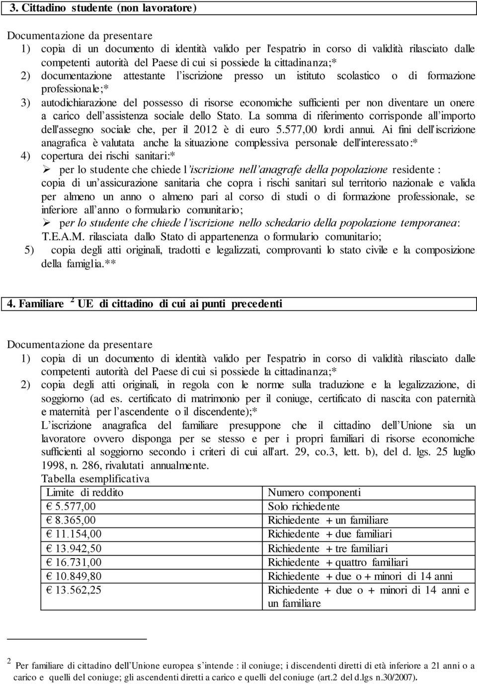 sufficienti per non diventare un onere a carico dell assistenza sociale dello Stato. La somma di riferimento corrisponde all importo dell'assegno sociale che, per il 2012 è di euro 5.