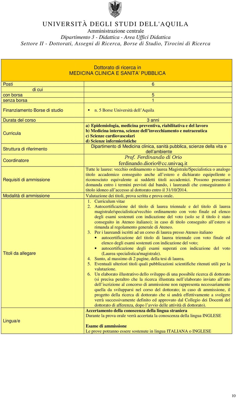 medicina preventiva, riabilitativa e del lavoro b) Medicina interna, scienze dell invecchiamento e nutraceutica c) Scienze cardiovascolari d) Scienze infermieristiche Dipartimento di Medicina