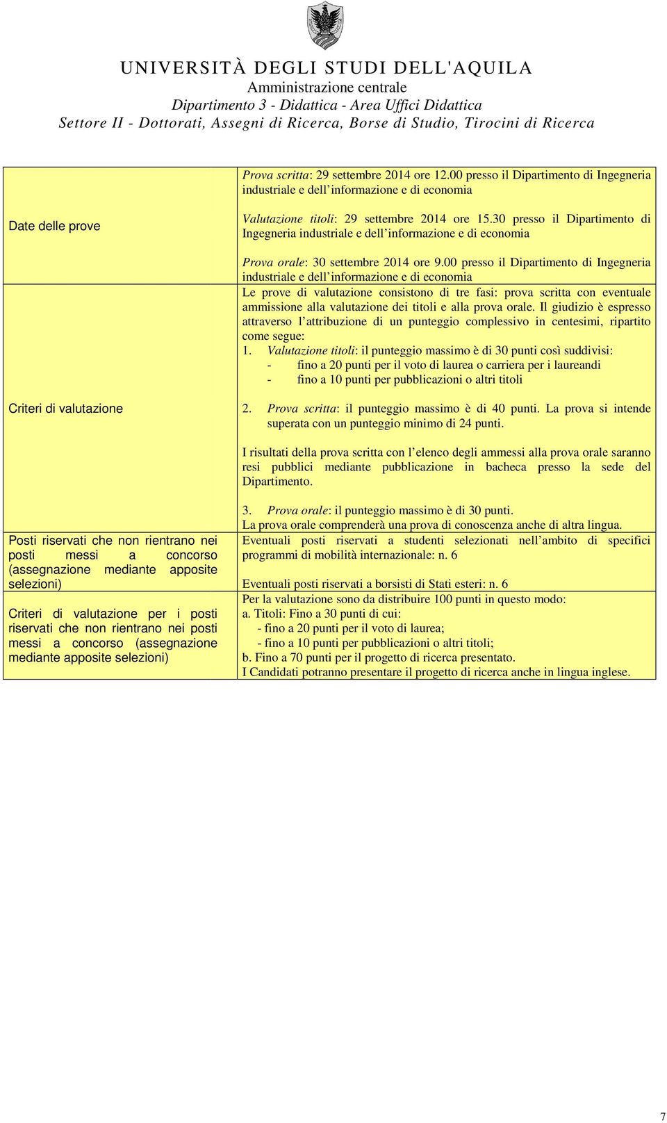 00 presso il Dipartimento di Ingegneria industriale e dell informazione e di economia Le prove di valutazione consistono di tre fasi: prova scritta con eventuale ammissione alla valutazione dei