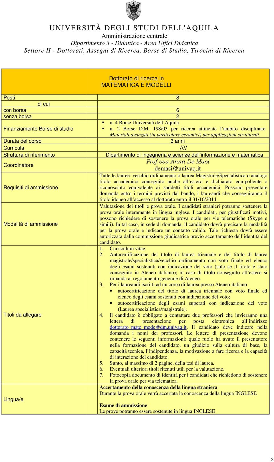 ceramici) per applicazioni strutturali 3 anni //// Dipartimento di Ingegneria e scienze dell informazione e matematica Prof.ssa Anna De Masi demasi@univaq.