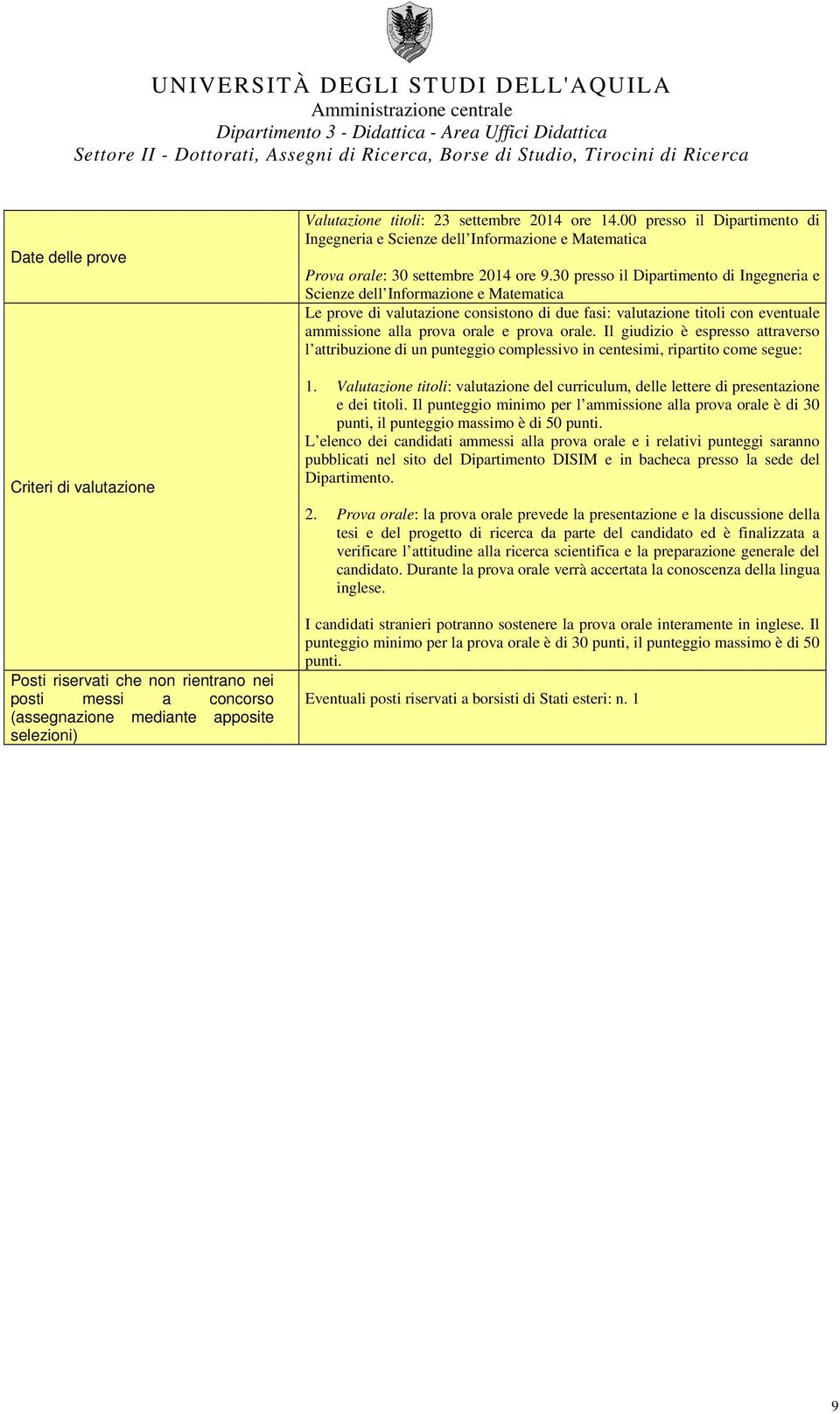 30 presso il Dipartimento di Ingegneria e Scienze dell Informazione e Matematica Le prove di valutazione consistono di due fasi: valutazione titoli con eventuale ammissione alla prova orale e prova