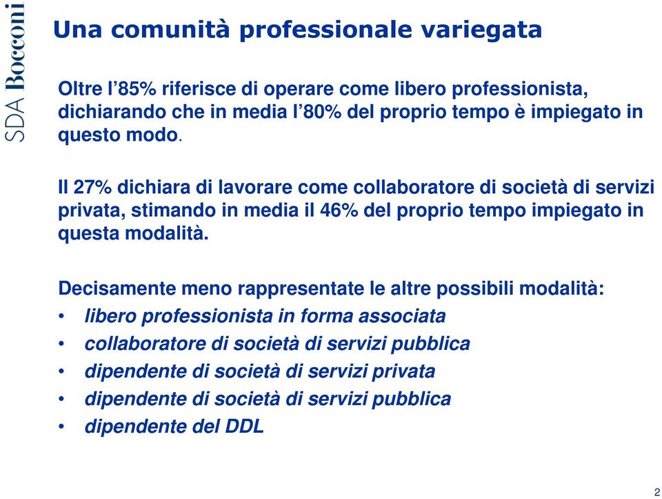 Il 27% dichiara di lavorare come collaboratore di società di servizi privata, stimando in media il 46% del proprio tempo impiegato in questa