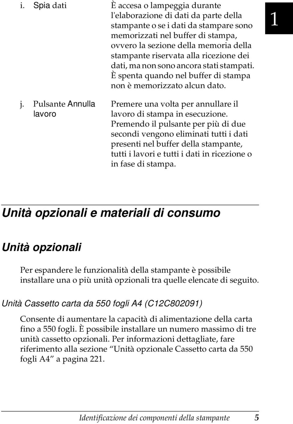 Pulsante Annulla lavoro Unità opzionali e materiali di consumo Unità opzionali Premere una volta per annullare il lavoro di stampa in esecuzione.