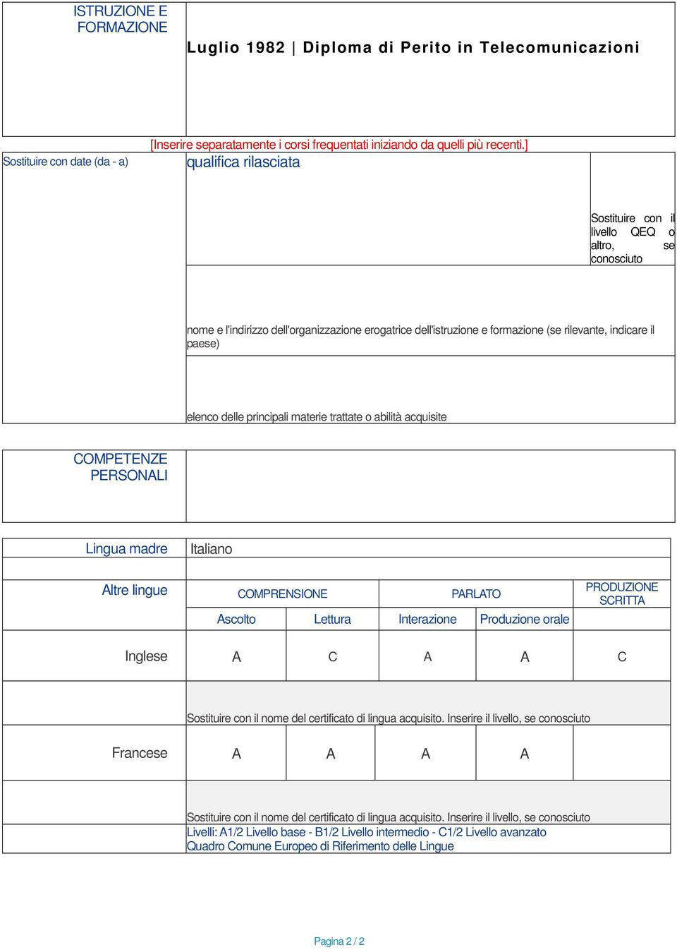 delle principali materie trattate o abilità acquisite COMPETENZE PERSONALI Lingua madre Italiano Altre lingue COMPRENSIONE PARLATO Ascolto Lettura Interazione Produzione orale PRODUZIONE SCRITTA