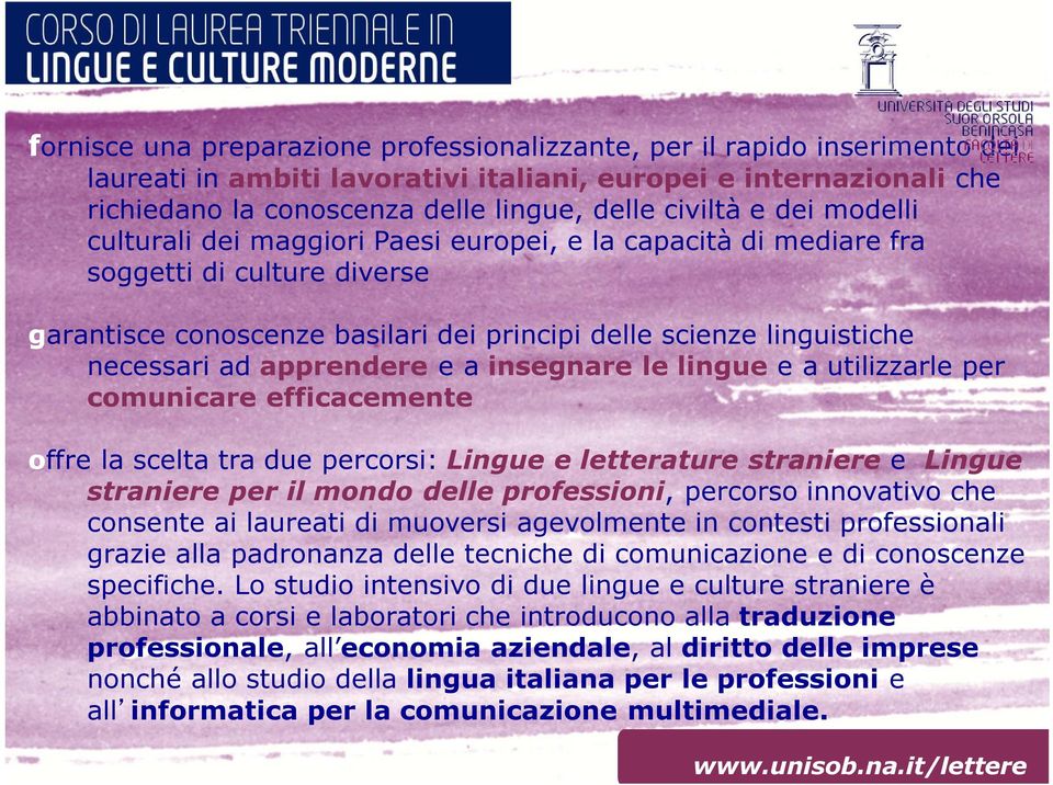 apprendere e a insegnare le lingue e a utilizzarle per comunicare efficacemente offre la scelta tra due percorsi: Lingue e letterature straniere e Lingue straniere per il mondo delle professioni,