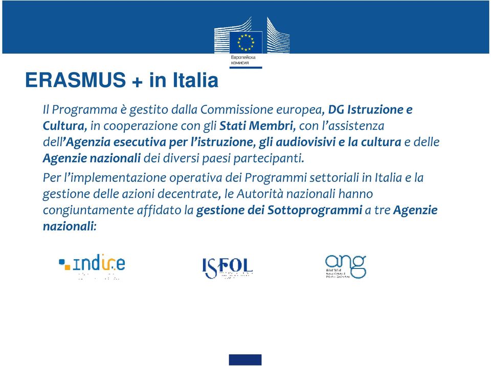 Per l implementazione operativa dei Programmi settoriali in Italia e la Per l implementazione operativa dei Programmi settoriali in Italia e