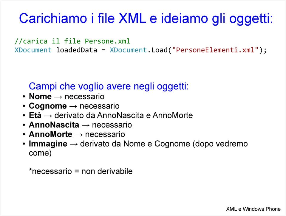 xml"); Campi che voglio avere negli oggetti: Nome necessario Cognome necessario Età derivato