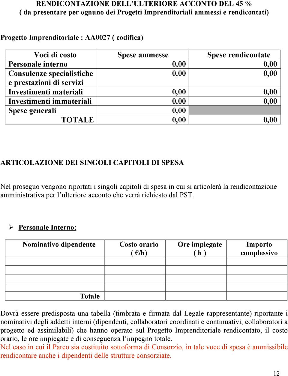 0,00 TOTALE 0,00 0,00 ARTICOLAZIONE DEI SINGOLI CAPITOLI DI SPESA Nel proseguo vengono riportati i singoli capitoli di spesa in cui si articolerà la rendicontazione amministrativa per l ulteriore