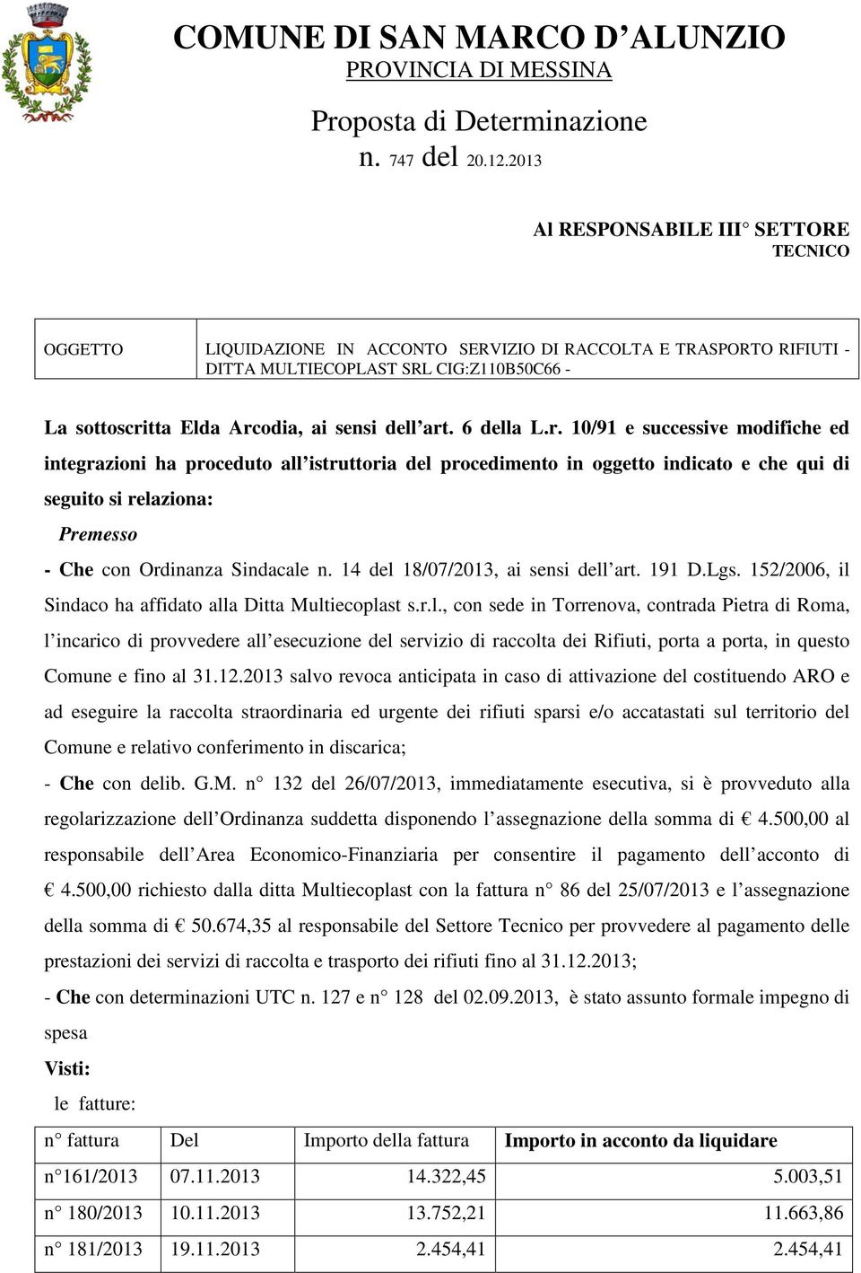 dell art. 6 della L.r. 10/91 e successive modifiche ed integrazioni ha proceduto all istruttoria del procedimento in oggetto indicato e che qui di seguito si relaziona: Premesso - Che con Ordinanza Sindacale n.