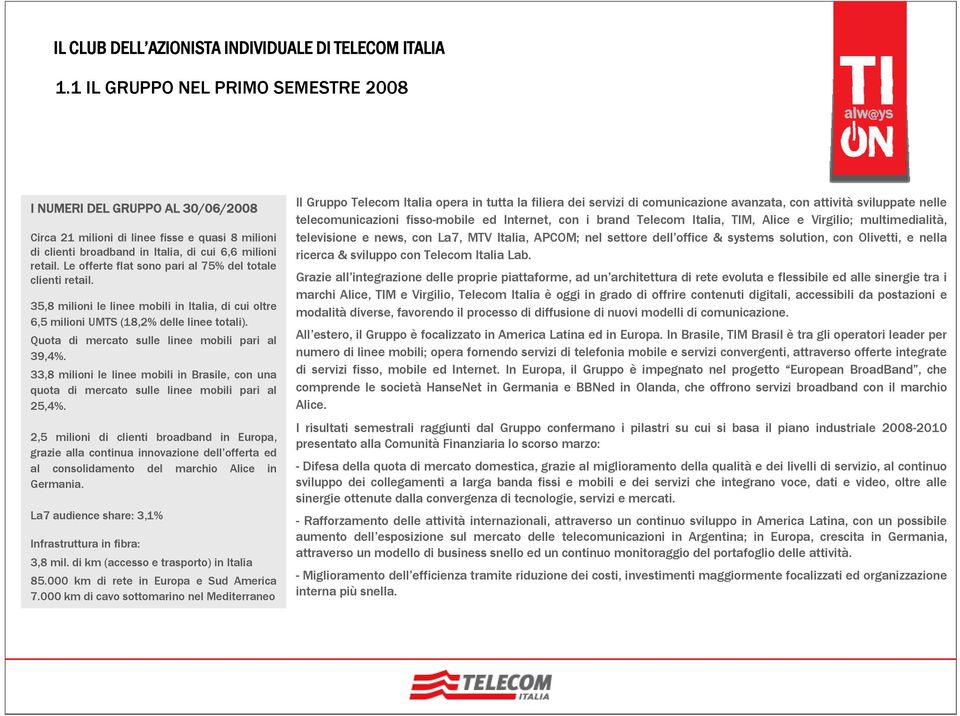 Quota di mercato sulle linee mobili pari al 39,4%. 33,8 milioni le linee mobili in Brasile, con una quota di mercato sulle linee mobili pari al 25,4%.