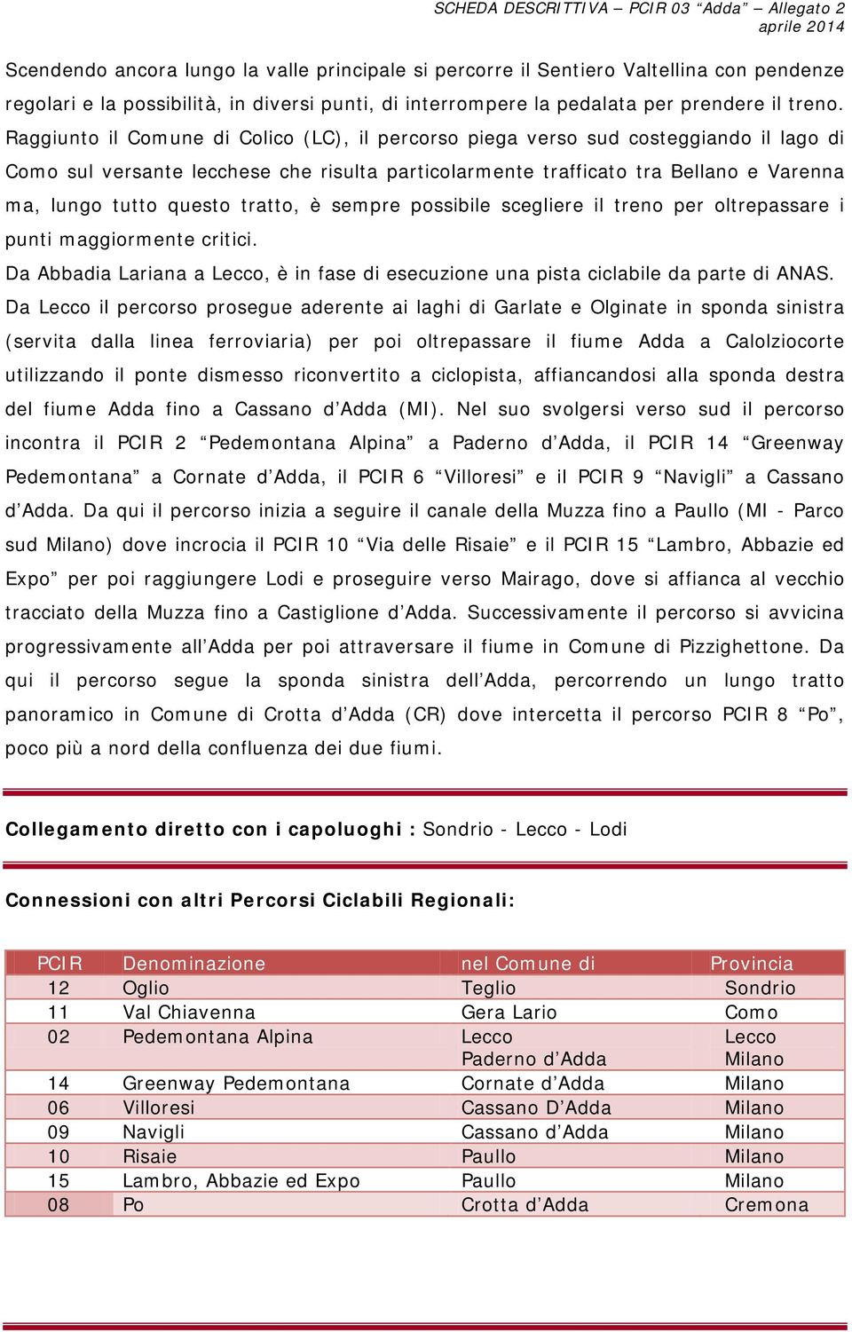 tratto, è sempre possibile scegliere il treno per oltrepassare i punti maggiormente critici. Da Abbadia Lariana a Lecco, è in fase di esecuzione una pista ciclabile da parte di ANAS.