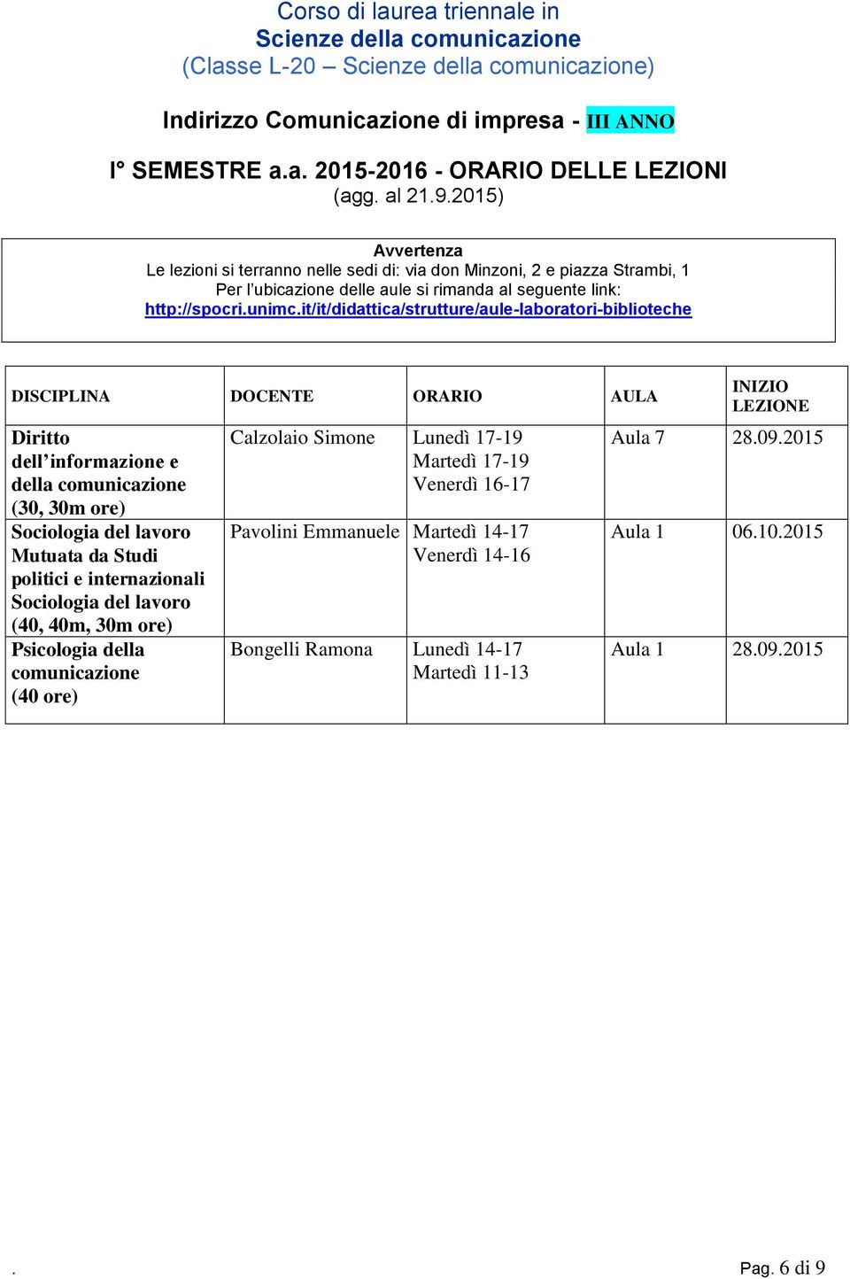 internazionali Sociologia del lavoro (40, 40m, 30m ore) Psicologia della comunicazione Calzolaio Simone Lunedì 17-19