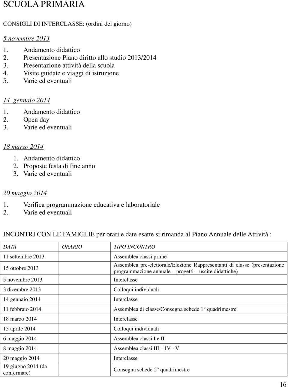 Varie ed eventuali 20 maggio 2014 1. Verifica programmazione educativa e laboratoriale 2.