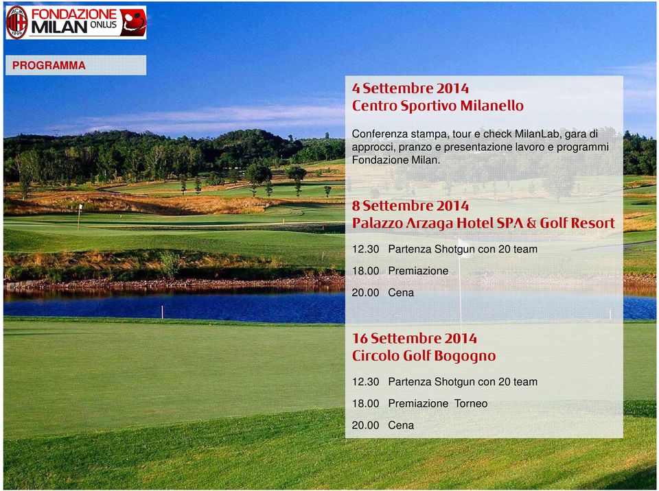 8 Settembre 2014 Palazzo Arzaga Hotel SPA & Golf Resort 12.30 Partenza Shotgun con 20 team 18.