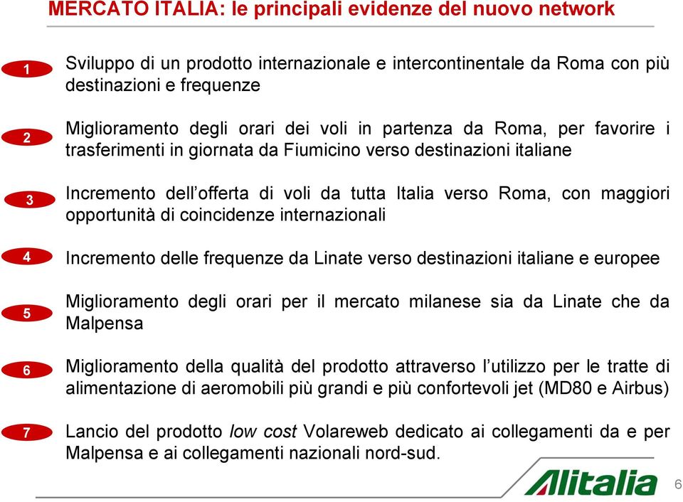 coincidenze internazionali Incremento delle frequenze da Linate verso destinazioni italiane e europee Miglioramento degli orari per il mercato milanese sia da Linate che da Malpensa Miglioramento