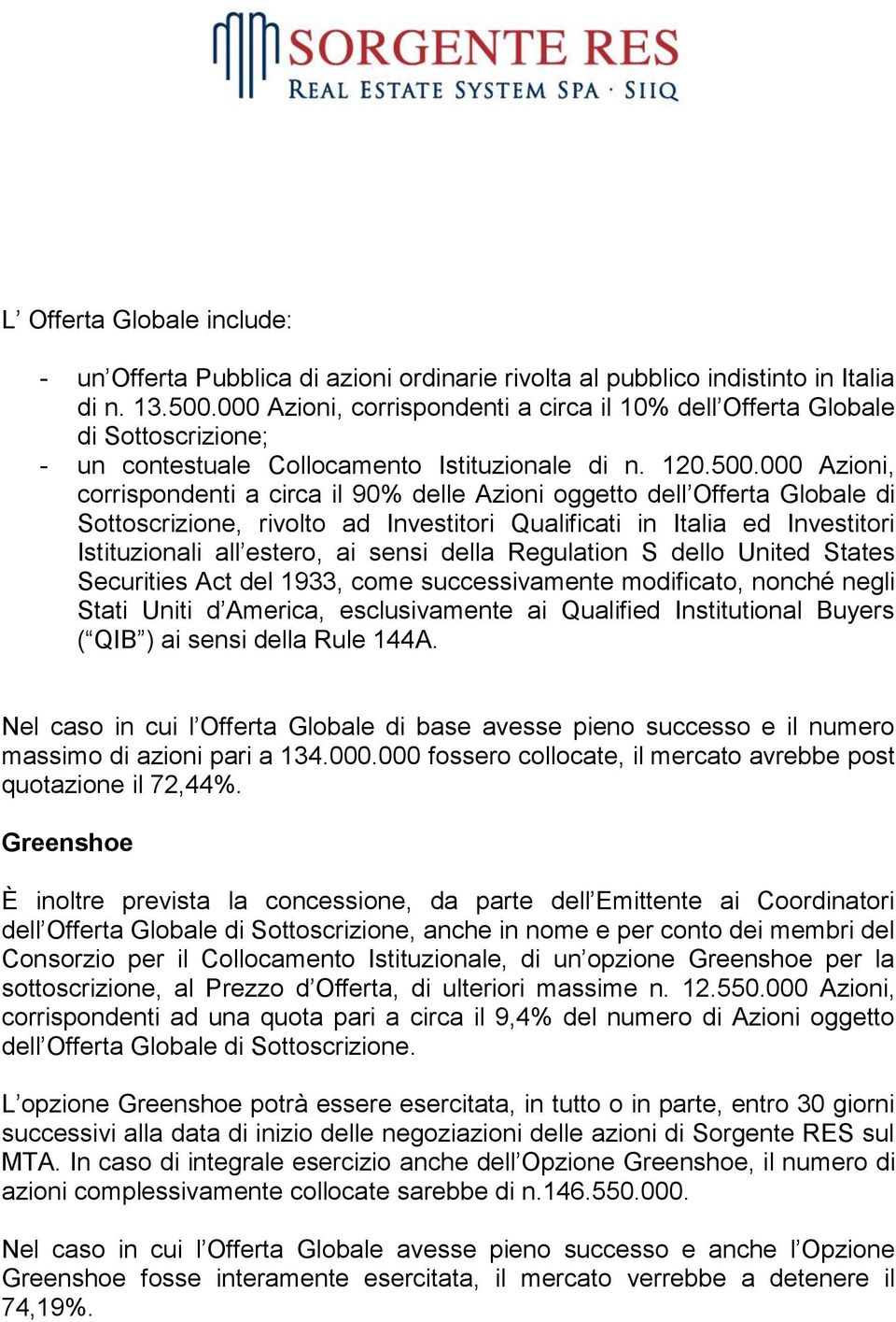 000 Azioni, corrispondenti a circa il 90% delle Azioni oggetto dell Offerta Globale di Sottoscrizione, rivolto ad Investitori Qualificati in Italia ed Investitori Istituzionali all estero, ai sensi