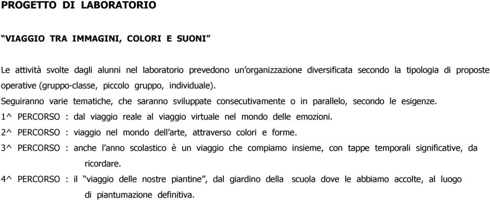 1^ PERCORSO : dal viaggio reale al viaggio virtuale nel mondo delle emozioni. 2^ PERCORSO : viaggio nel mondo dell arte, attraverso colori e forme.