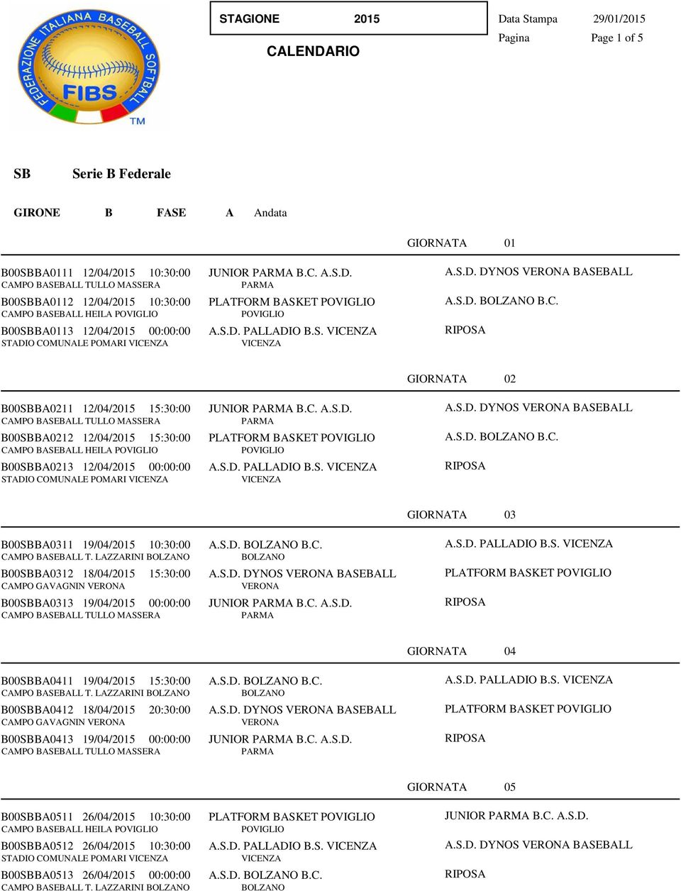 S.D. PALLADIO B.S. A.S.D. DYNOS BASEBALL A.S.D. B.C. GIORNATA 03 B00SBBA0311 19/04/ 10:30:00 A.S.D. B.C. CAMPO BASEBALL T. LAZZARINI B00SBBA0312 18/04/ 15:30:00 A.S.D. DYNOS BASEBALL CAMPO GAVAGNIN B00SBBA0313 19/04/ 00:00:00 JUNIOR B.