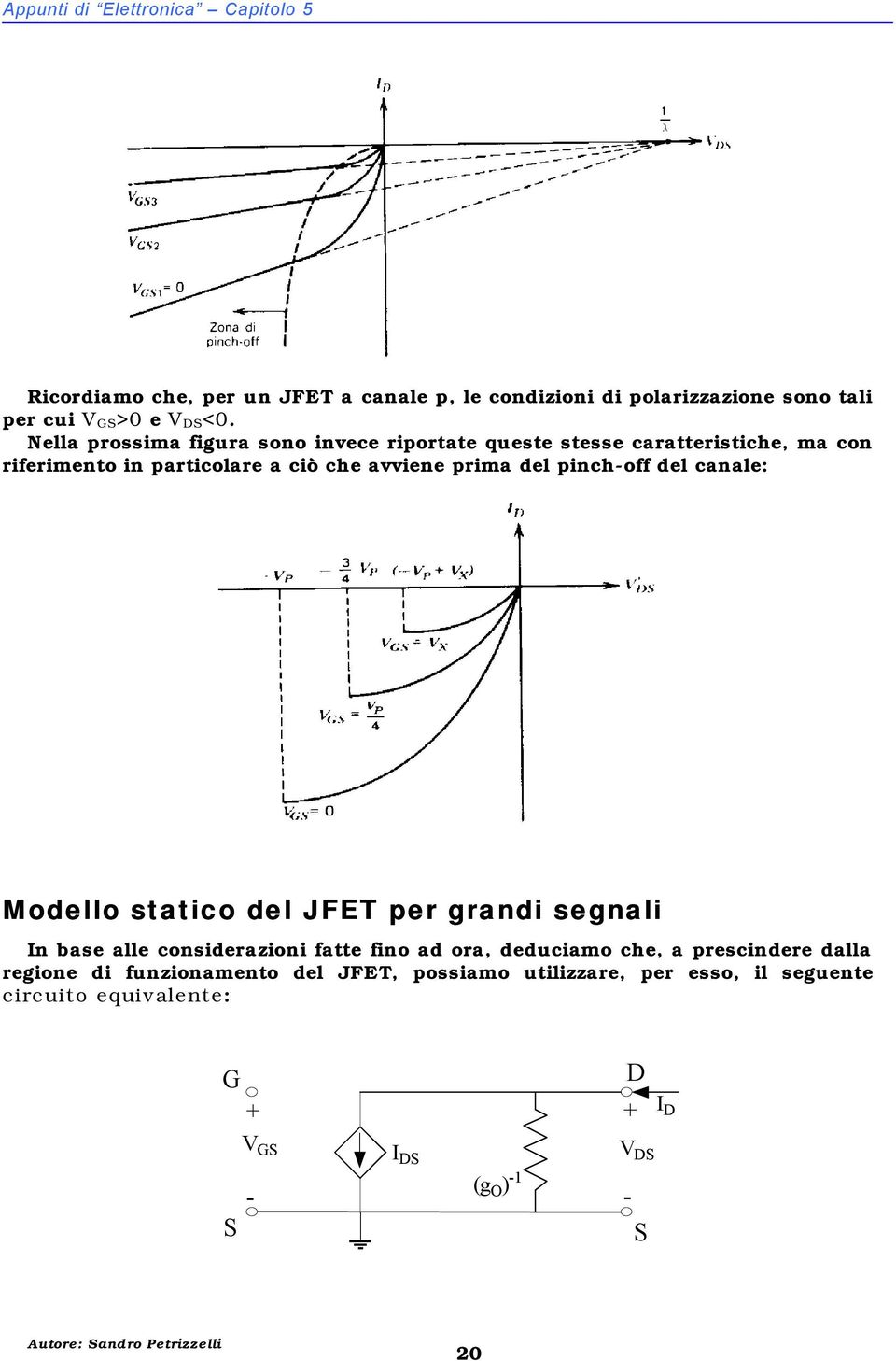 pinch-off del canale: Modello o statico del JFET per randi senali n base alle considerazioni fatte fino ad ora, deduciamo che, a prescindere